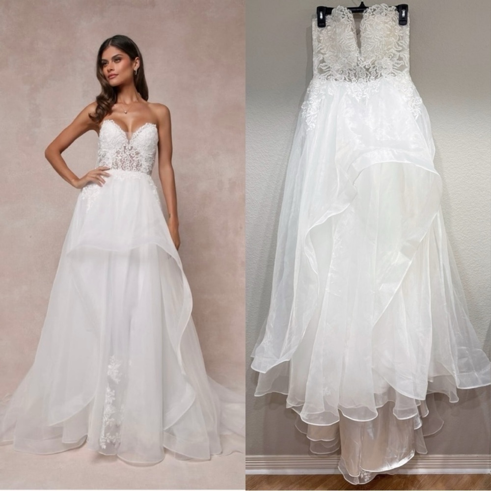 Size L - Lulus Mine, All Mine White Embroidered Organza Strapless A-Line Gown